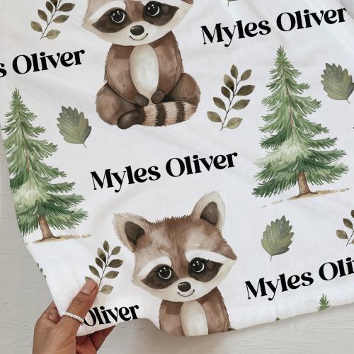 BABY BOY RACCOON Blanket, Personalized Raccoon Baby Blanket, Woodland Nursery Baby Gift, Gift for Newborn Boy, Custom Name Baby Shower Gift