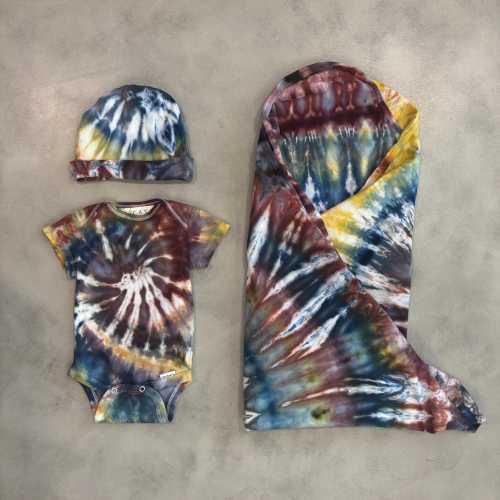 HENDRIX Baby Ice Tie Dye 3 pc Set 0-9m | Bodysuit + Beanie Hat + Swaddle Blanket
