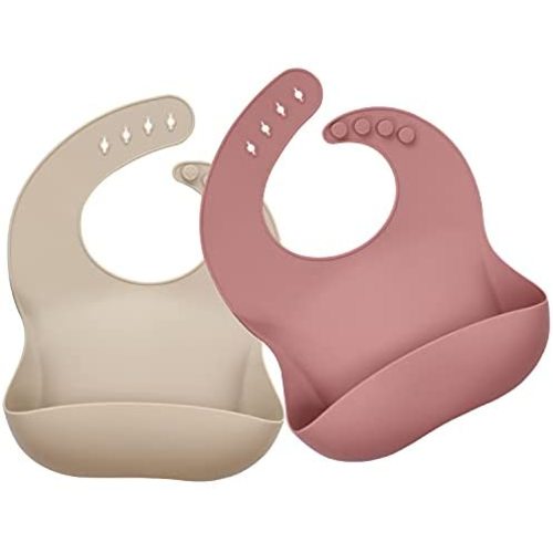 Ginbear Silicone Bibs for Babies, Waterproof Baby Feeding Bibs with Food Catcher Pocket, Adjustable Silicon Bibs for Toddler Infant Girl Boy (2 Pack)