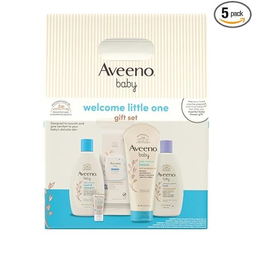 Aveeno Baby Welcome Little One Gift Set, Skincare Set with Nourishing Body Wash & Shampoo, Calming Bath Wash, All Over Wipes, Daily Moisturizing Lotion, & Balm, 5 Items