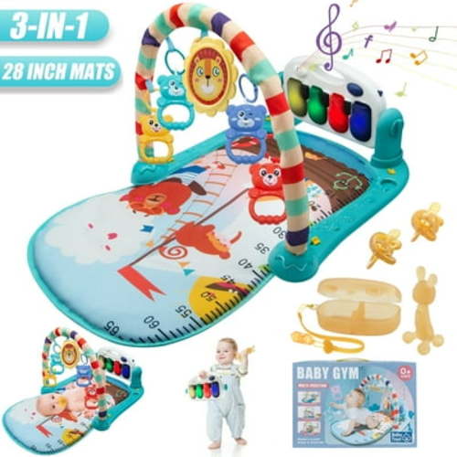 ARbuliry Baby Play Mat, Baby Gym Piano Mat with Music, Light and Rattles, Thicken Baby Play Gym for Newborn 0-36 Months, Baby Sensory Tummy Time Mat With Chewing Toys