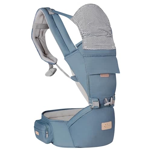 FRUITEAM 6-in-1 Baby Carrier with Waist Stool/Hip Seat for Breastfeeding, One Size Fits All - Adapt to Newborn, Infant & Toddler (Haze Blue)