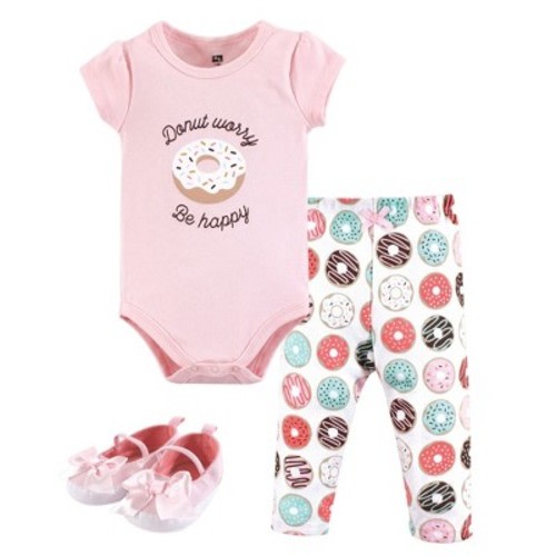 Hudson Baby Infant Girl Cotton Bodysuit, Pant and Shoe 3pc Set, Donut Worry, 12-18 Months