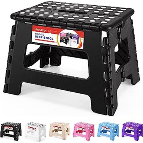 ACSTEP Folding Step Stool 9'' Tall Kids Step Stool Holds Up to 300 lb Plastic Foldable Step Stools for Kids Non-Slip Surface with Carry Handle Collapsible Stool for Home, Outdoor and Indoor(Black)