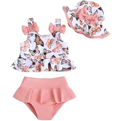 Mioglrie Baby Infant Swimsuit Girl Toddler Bathing Suit Girl Summer Beach Bikini Tankini Swimwear Hat 3-24 Months 2t-5t