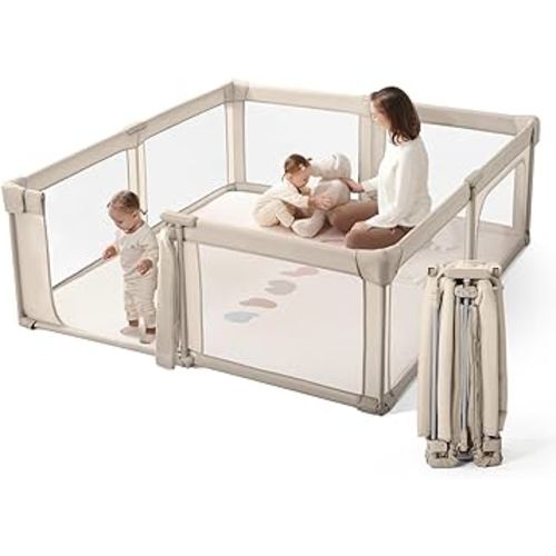 Baby Playpen Portable, Pre-Assembled Play Pen 71x79 Large Foldable Playpen for Babies and Toddlers, Sturdy and Safe Toddler Play Yard Indoor Outdoor with Carry Bag, Light Khaki