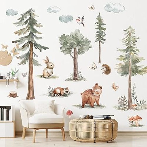 Runtoo Large Pine Tree Wall Stickers Woodland Animals Forest Bear Peel and Stick Wall Art Decals for Kids Room Baby Nursery Bedroom Decor