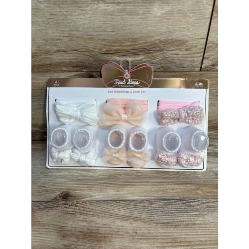 NEW First Steps 6pc Headwrap & Sock Set 0-6m