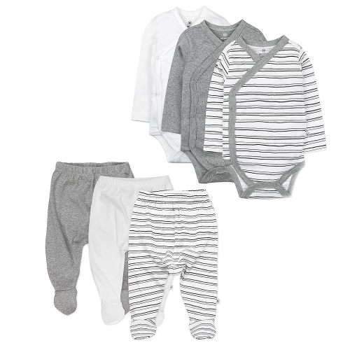 6 Pack Organic Cotton Long Sleeve Side Snap Kimono Bodysuits and Footed Pants Multi Pack