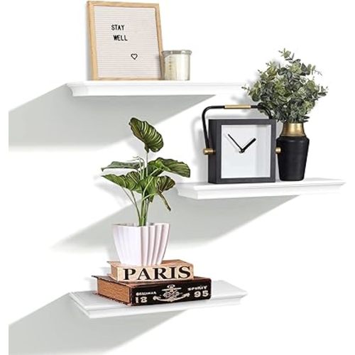 AHDECOR White Floating Shelves, Wall Shelves with Invisible Brackets and Crown Molding Design Decorative for Bedroom, Bathroom, Living Room and Kitchen, Set of 3