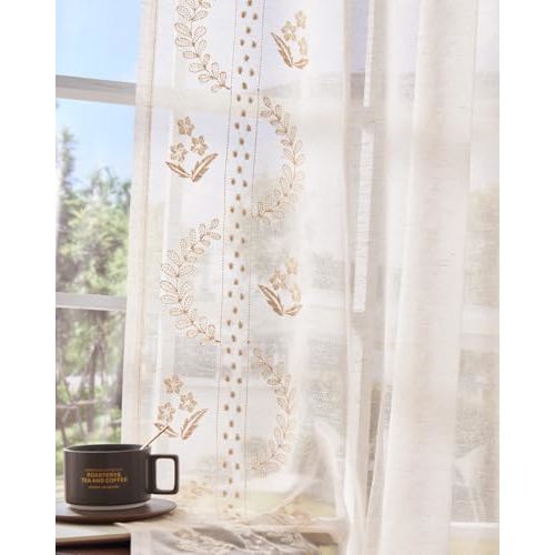 jinchan Linen Sheer Curtains for Living Room 84 Inch Length Sheer Voile Embroidered Spring Floral Curtains for Bedroom Light Filtering Rod Pocket Window Treatments Farmhouse Decor 2 Panels Beige