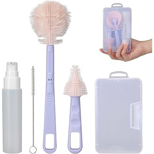 VOOWO Baby Bottle Brush, Portable Travel Bottle Cleaner Kit, Silicone Baby Bottle Cleaner Brush Set with Baby Bottle Brush for Cleaning, Nipple Brush, Straw Cleaner, Bottle Soap Dispenser (Purple)