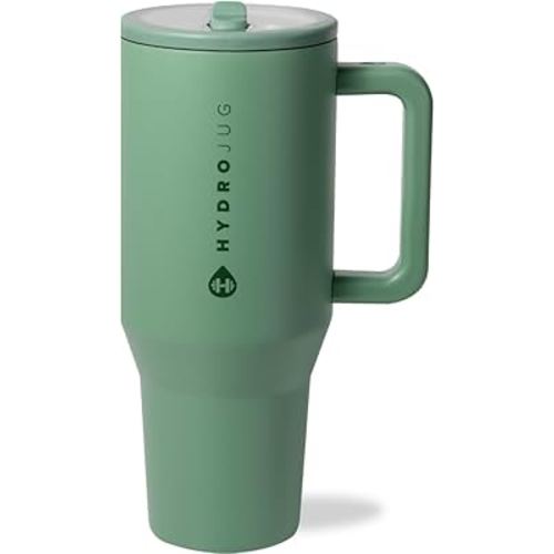 HydroJug Traveler - 40 oz Water Bottle with Handle & Flip Straw - Fits in Cup Holder, Leak Resistant Tumbler-Reusable Insulated Stainless Steel & Rubber Base - Gifts for Women & Men, Sage