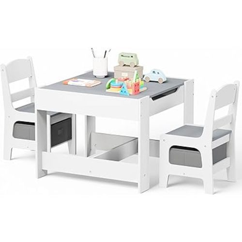 Kinder King Kids Wood Table & 2 Chairs Set, 3 in 1 Children Activity Table w/Storage, Removable Tabletop, Blackboard, 3-Piece Toddler Furniture Set for Art, Crafts, Drawing, Reading, Playroom, Grey