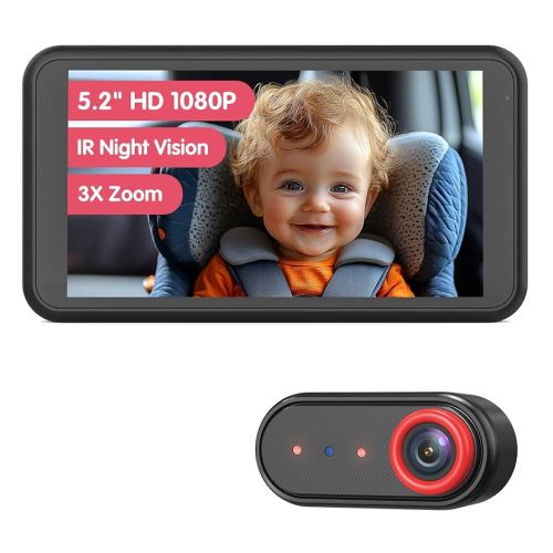 BM2A Baby Car Camera, Night Vision & 5.2" 1080P Display for Rear-Facing Car Seats, Easy No-Damage Install, Patented Anti-Shake Mount – Ideal for Parents and Pet Owners