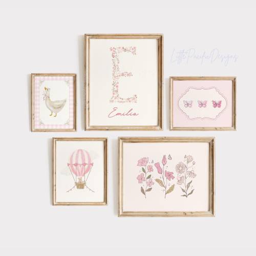 Vintage Nursery Gallery Wall, Whimsical Nursery Art, Custom Floral Nursery Prints, Pink Nursery Name Sign, Coquette Nursery Decor Printable
