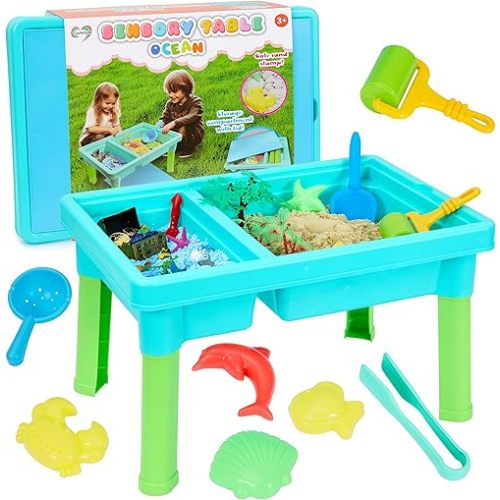 Ocean Sensory Table with Sensory Sands,Ocean Sensory Bin with Lid,Ocean Toy for Kids,Indoor Outdoor Use,Sand Art kit for Boys and Girl,Sensory Toys for Toddlers Age 3-5, 17x11.5x10.2 inches