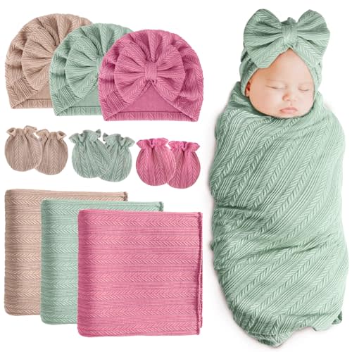 BQUBO Newborn Receiving Blanket Hat Mittens Set for Baby, Unisex Baby Boys Girls Essentials, Newborn Registry Must Haves, Stroller Crib Shower Gifts