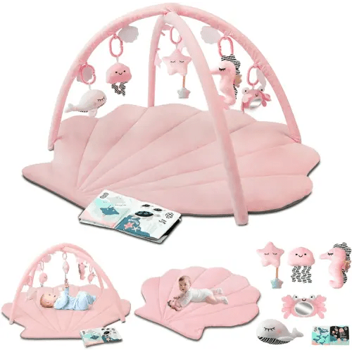 Baby Play Gym Mat, Oversize Baby Tummy Time Play Mat with 6 Detachable Toys for Sensory Exploration Motor Skill Development, Newborn Essentials Shower Gift Activity Mats for Babies 0-6 Months 6-12 Months