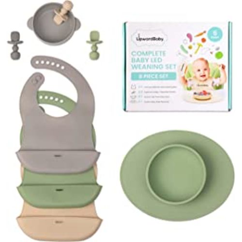 Grofry Baby Silicone Spoon Bowl Set with Suction Cup Eating Training Anti-Slip Dinnerware for Children, Green