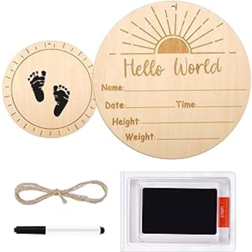 Amazon.com: PEUTIER Baby Announcement Sign, 5.9 inch Double Side Wooden Birth Announcement Sign with Ink Pad for Baby Hand and Footprints Hospital Hello World Newborn Announcements(Sun) : Baby