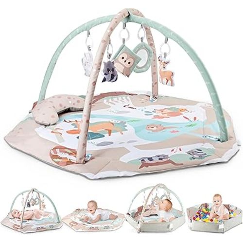 AIBOMUDA Baby Gym Play Mat,Baby Activity Play Mat & & Ball Pit,Washable Tummy Time Mat with 5 Sensory Baby Toys,Boy & Girl Gifts for Inflant Baby 0 3 6 9 13 Months