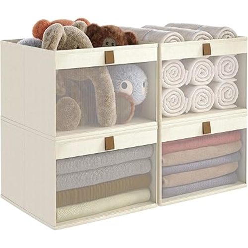Storage Bins with Clear Window, Linen Closet Organizers and Storage, Closet Storage Shelves Box, Foldable Cloth Basket for Towels, Books, Toys, 12.75" x 12.75" x 9", Beige, 4-pack