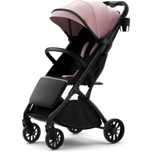 newyoo GlideTow TR18M Travel Stroller, Compact Lightweight Stroller with Lay-Flat Seat, One-Hand Fold, Cup Holder, Pink