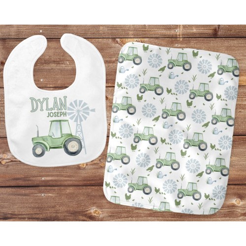 Green Tractor Burp Cloths, Tractor Burp Rags, Boy Baby Tractor Bib, Farm Baby Bibs, Farm Burp Cloths, Baby Boy Shower Gift, Farm Nursery Set