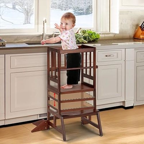 COSYLAND Toddler Standing Tower - Adjustable Height Toddler Kitchen Stool Helper - Kids Kitchen Step Stool for Learning with Removable Safety Railing Brown