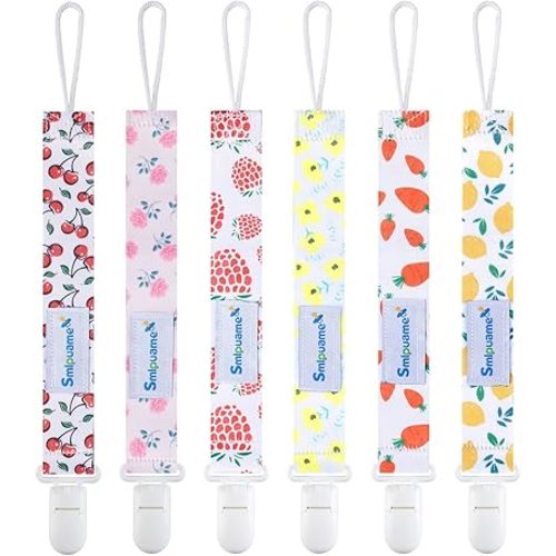 Smlpuame Pacifier Clip Girl,6 Pack Stylish Binky Clips Strap for Baby Girls,Paci Holder with Clip Lightweight Universal Fits Most Pacifiers Teether Toy Teething Ring Soothie,Baby Gift(Flower & Fruit)