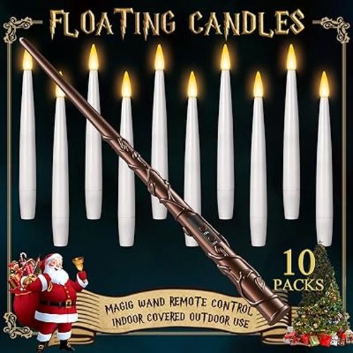 Floating Candles with Wand 10PCs - Magic Hanging Candles Christmas Decorations Flameless Taper Candles with Remote, Floating Lights Gifts for Window Home Bedroom Wedding Birthday Party Indoor Decor