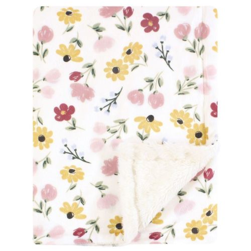 Hudson Baby Infant Girl Plush Blanket With Furry Binding And Back, Soft Painted Floral, One Size
