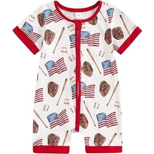 Lamuusaa 4th of July Baby Girl Boy Outfit American Flag Print Romper Baseball Zipper Jumpsuit Unisex Summer Clothes
