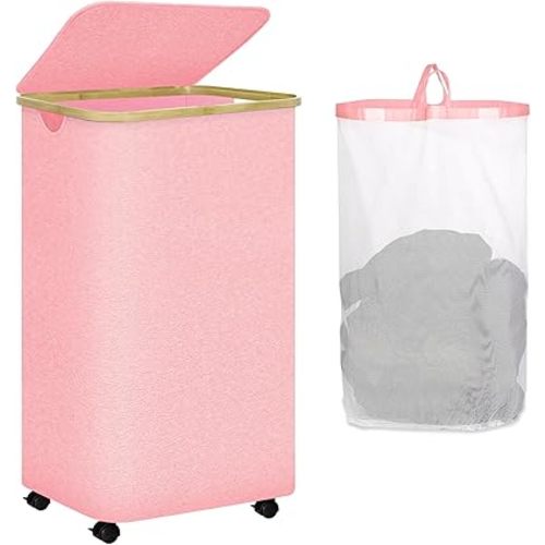 Pink Laundry Hamper with Wheels - 100L Large Hamper with Lid, Rolling Laundry Hamper on Wheels, Collapsible Laundry Basket with Removable Mesh Bag and Bamboo Handle for Easy Carrying