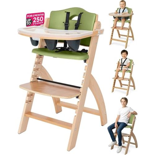 Abiie Beyond Junior Convertible Wooden High Chair with Removable Tray - Natural Olive