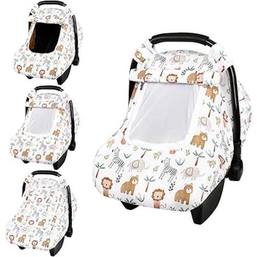 Baby Car Seat Cover, Windproof Carseat Cover for Infant Girls, Infant Warm Carseat Canopy with Double Layer Fabric for Winter, Compatible with Most Baby Car Seat, Animals