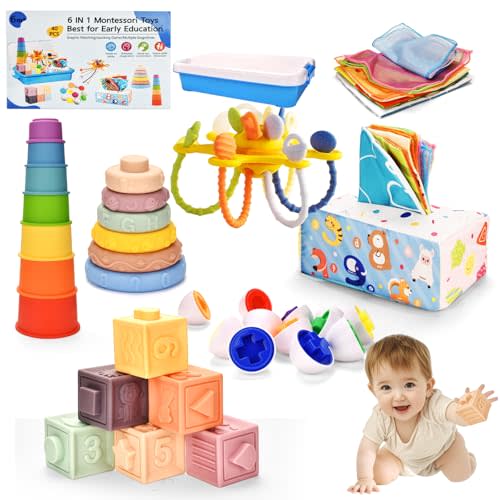 Montessori Toy Set 6 in 1 Baby Toys 6 to 12 Months, Montessori Toy for Toddlers 1-3, Infant Teething Babies Toy Stacking Blocks Rings Pull String Toy