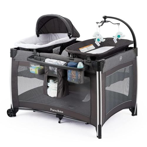Pamo Babe 4 in 1 Portable Baby Crib Deluxe Nursery Center, Foldable Travel Playard with Bassinet, Mattress, Changing Table for Newborn, Infant, Toddler(Grey)