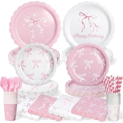 300 Pcs Pink Bow Plates, Cups, Napkins and Tableware Sets for Coquette Birthday Decorations, Party Supplies Include Straws, Pink Birthday Decorations Which Can Serve 50