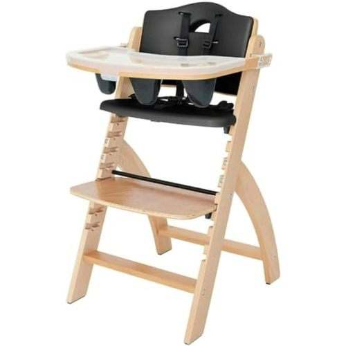 Abiie Beyond Junior Wooden High Chair with Tray. The Perfect Adjustable Baby Highchair Solution for Your Babies and Toddlers or as a Dining Chair. 6 Months up to 250 Lb. Natural Wood/Black Cushion
