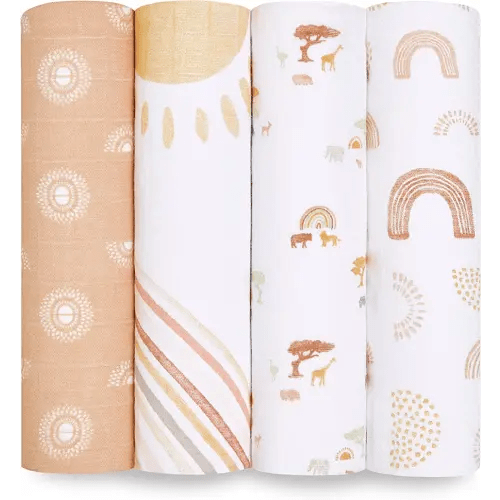 aden + anais Swaddle Blanket, Boutique Muslin Blankets for Girls & Boys, Baby Receiving Swaddles, Ideal Newborn & Infant Swaddling Set, Perfect Shower Gifts, 4 Pack, Keepin Rising