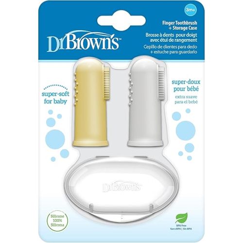 Dr. Brown's Silicone Finger Toothbrush for Baby with Travel-Storage Case, 3m+, Gray and Yellow, 2-Pack