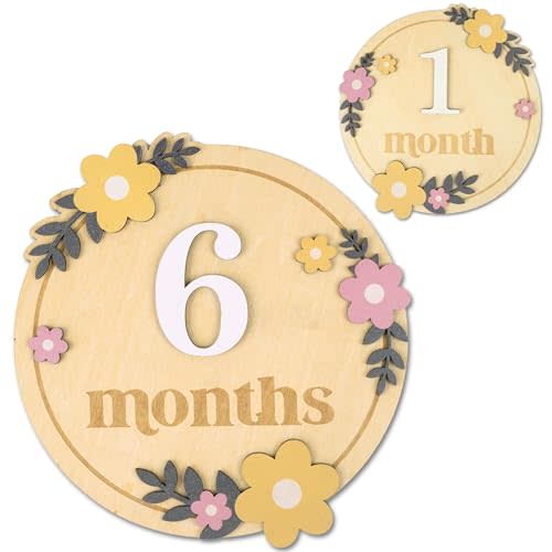 Baby Monthly Milestone Cards - Wooden Monthly Milestone Discs - Newborn Photography Props to Document Your Baby´s Growth - Baby Announcement Sign (B07)