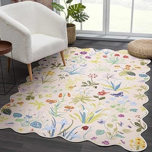 Cute Floral Nursery Rug, Boho Aesthetic Colorful Pink Girls Bedroom Rug, Stain Resistant Easy to Clean 4x6 Washable Area Rug for Living Room Dorm Entryway, Sweet Scalloped Throw Rugs Carpet