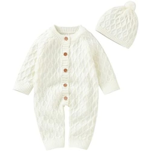 Hadetoto Newborn Baby Sweater Romper Knit Outfits Long Sleeve Jumpsuit with Warm Hat for Infant Boy Girl