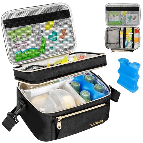 OUUTMEE Wearable Breast Pump Bag, Double Layer Breastmilk Cooler Bags Portable Breastfeeding Pumps Carrying Case for Nursing & Working Moms (Ice Pack included)