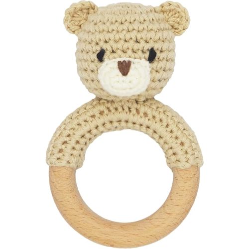 Safari Animals Wooden Baby Rattle Toys Stuffed Crochet Rattle with Teether Ring for Newborn, Beige Bear