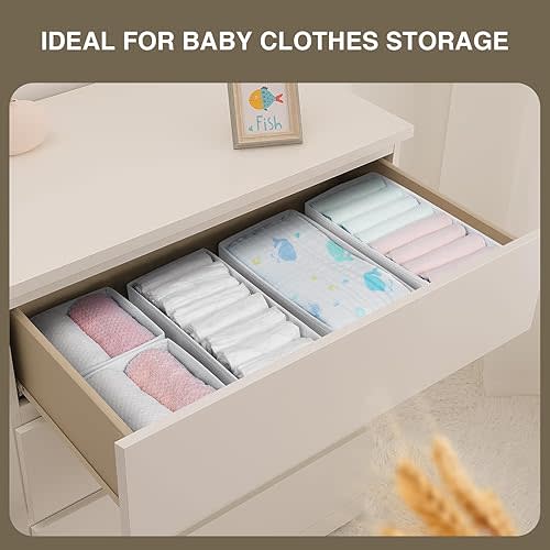 DIMJ Drawer Organizers for Clothing, Set of 4 Dresser Drawer Organizers, Fabric Closet Organizers and Storage, Drawer Dividers for Baby Clothes, Socks, Belt, Tie (White)