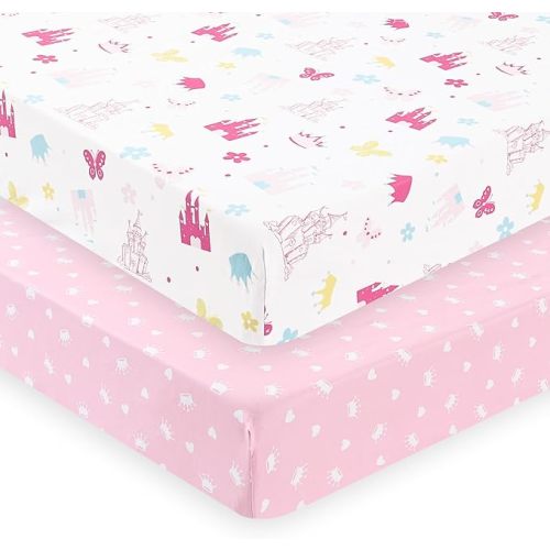 PHF Soft Crib Sheet Fitted, 2 Pack Baby Sheets for Boys Girls, 28x52x9in Fits Standard Crib and Toddler Mattresses, Silky Comfy Breathable Polyester Baby Mattress Sheets, Castle